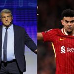 On one side, the president of FC Barcelona, Joan Laporta, with a very serious expression, and on the other side, Luis Díaz looking worried