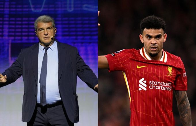 On one side, the president of FC Barcelona, Joan Laporta, with a very serious expression, and on the other side, Luis Díaz looking worried