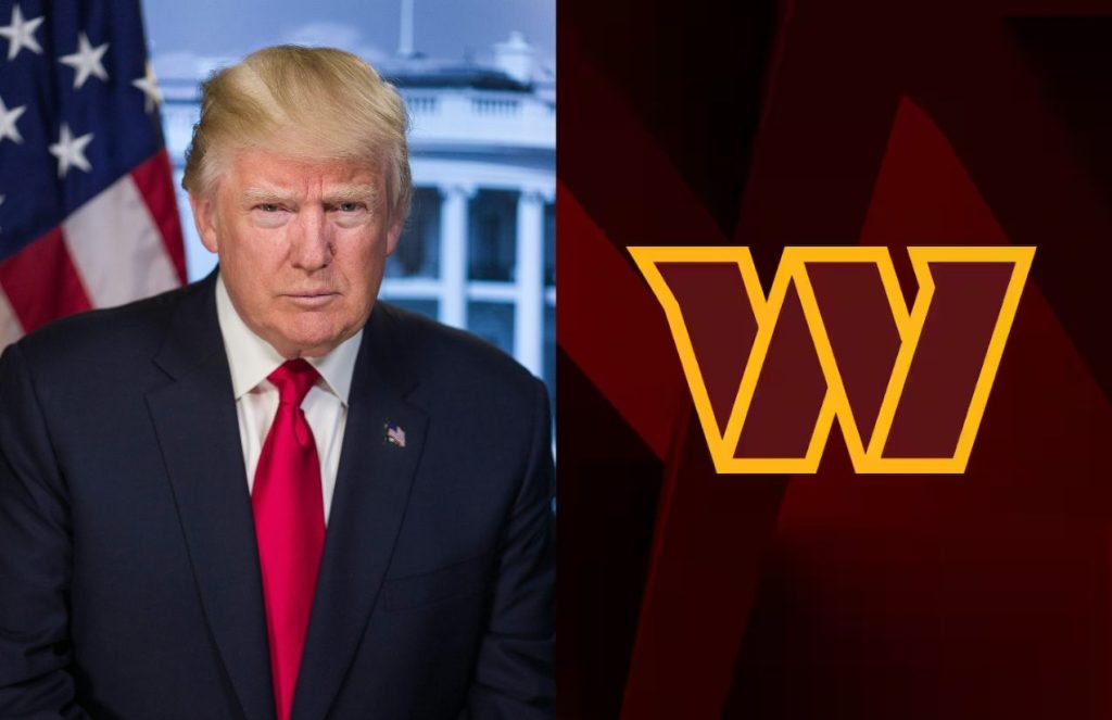 Donald Trump with a very serious expression, next to the "W" logo of the Washington Commanders