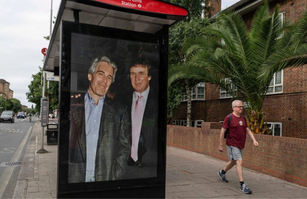 ChatGPT Plus The photo of Donald Trump and Jeffrey Epstein hugging and looking very affectionate on a bus stop poster