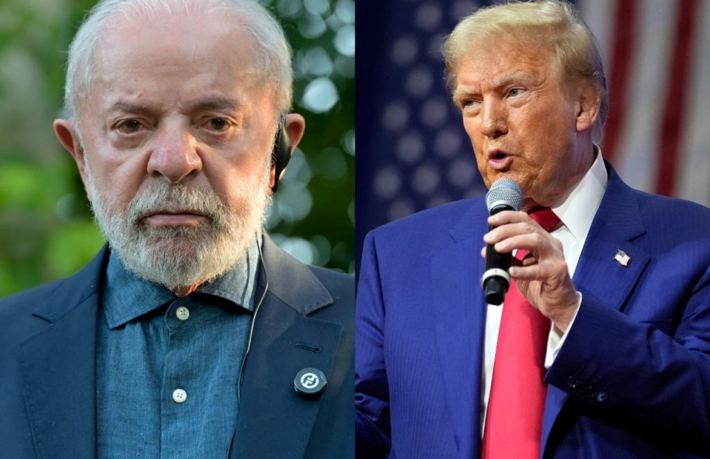 On one side, Lula da Silva with a stern expression, and on the other, Donald Trump holding a microphone mid-speech