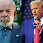 On one side, Lula da Silva with a stern expression, and on the other, Donald Trump holding a microphone mid-speech