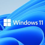 A blue background with several spirals in darker blue tones, featuring the word and logo of Windows 11