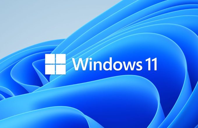 A blue background with several spirals in darker blue tones, featuring the word and logo of Windows 11