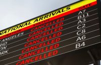 A screen displaying all the canceled flights across the United States