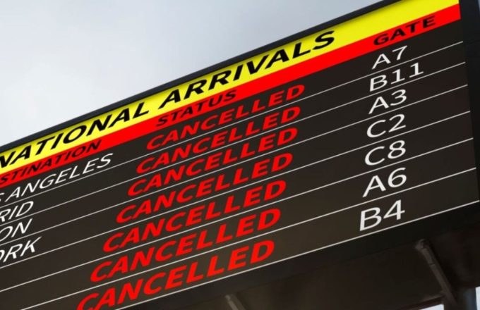 A screen displaying all the canceled flights across the United States