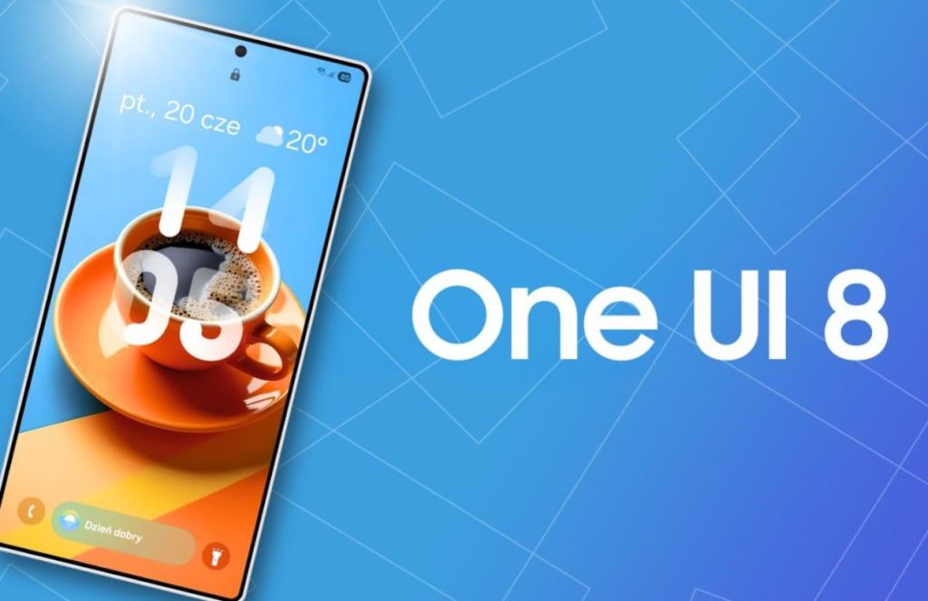 A light blue background with a Samsung phone in front and the text "One UI 8"