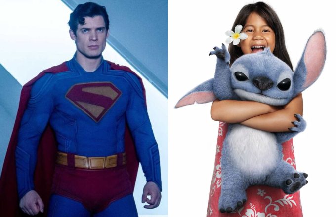 On one side is Superman in his incredible blue suit, and on the other, Lilo happily holding Stitch in her arms.