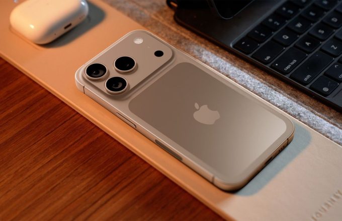 The beautiful and high-tech golden phone resting on a table