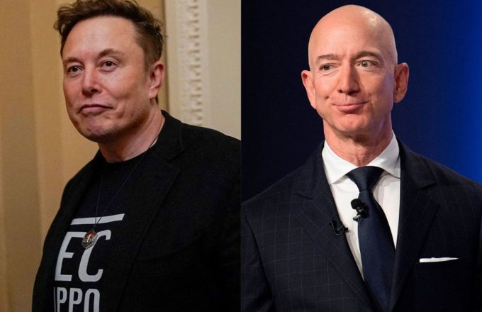 Two images: in one, Elon Musk appears with a surprised expression, and in the other, Jeff Bezos has a more bitter look