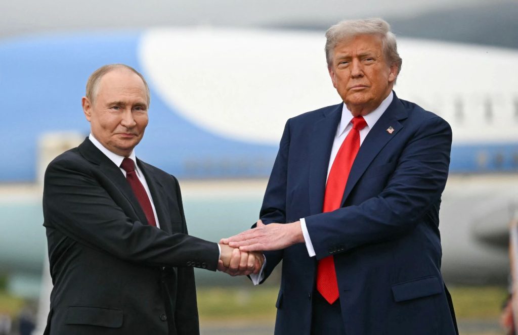 The presidents of each world power shaking hands in a cordial meeting in Alaska