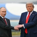 The presidents of each world power shaking hands in a cordial meeting in Alaska