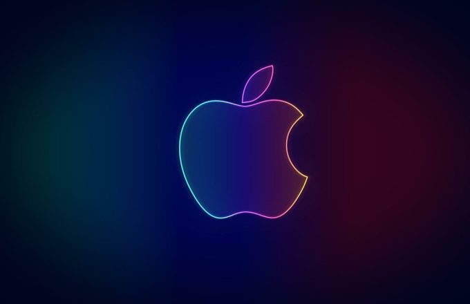 The iconic Apple logo with the bitten apple, in neon colors like blue and pink