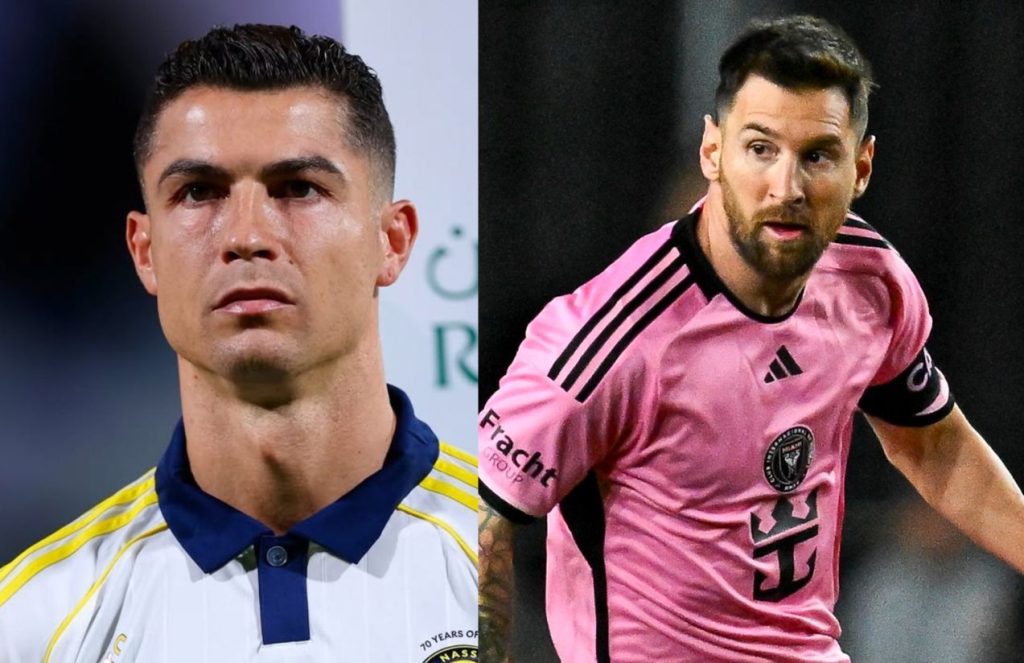 On one side, Cristiano Ronaldo posing in his white uniform, and on the other, Messi