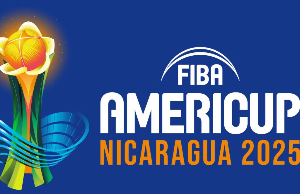 A sign with the logo and the words of the Basketball AmeriCup