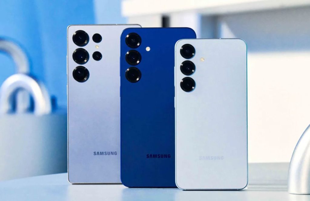 The new Samsung Galaxy S26 phones standing vertically in blue tones