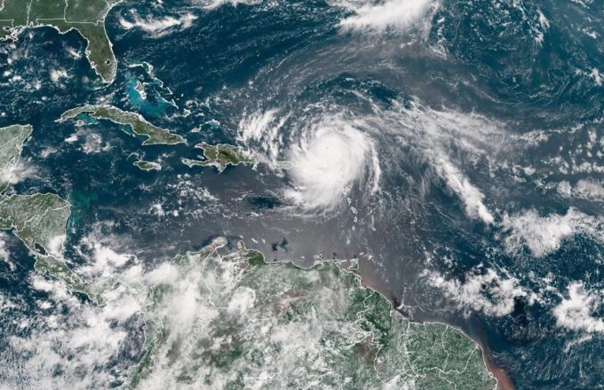 A satellite image of a hurricane passing over the Atlantic