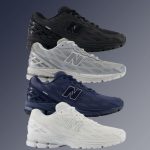 Four different types of New Balance sneakers in black, gray, white, and turquoise blue