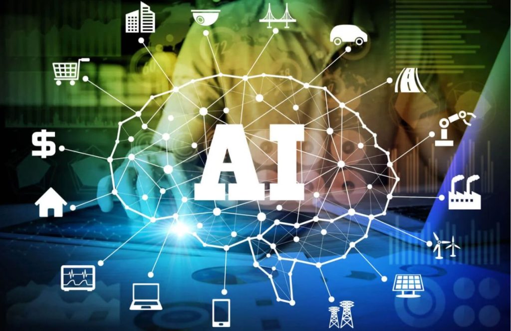 A brain with the initials AI in the center, from which various drawings of jobs and industries branch out