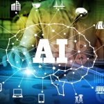 A brain with the initials AI in the center, from which various drawings of jobs and industries branch out