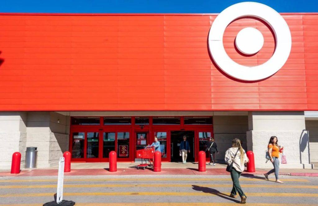 One of the Target stores with its iconic red color and its circular logo featuring a circle in the center