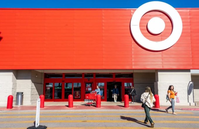 One of the Target stores with its iconic red color and its circular logo featuring a circle in the center