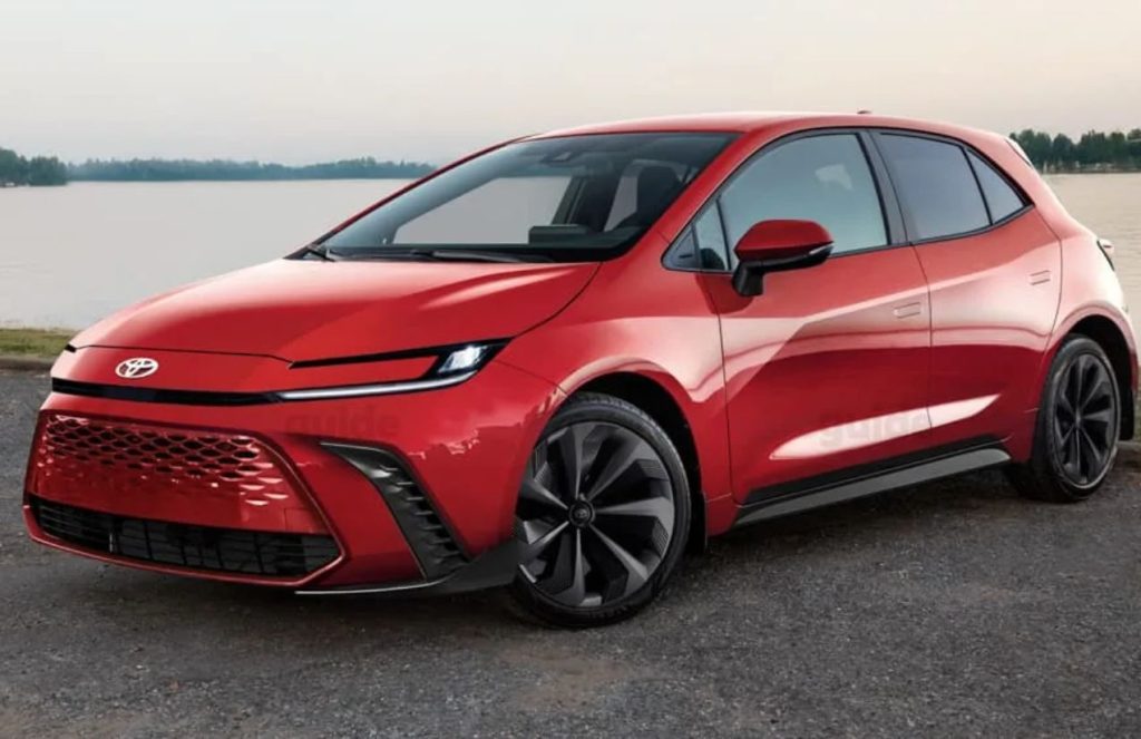 The new Toyota Corolla in sporty red, parked on an open road