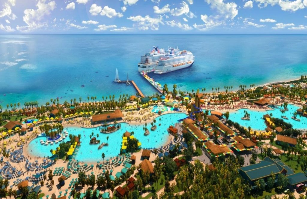 A paradisiacal beach with many places to visit, games, and two enormous cruise ships docked at a wooden port