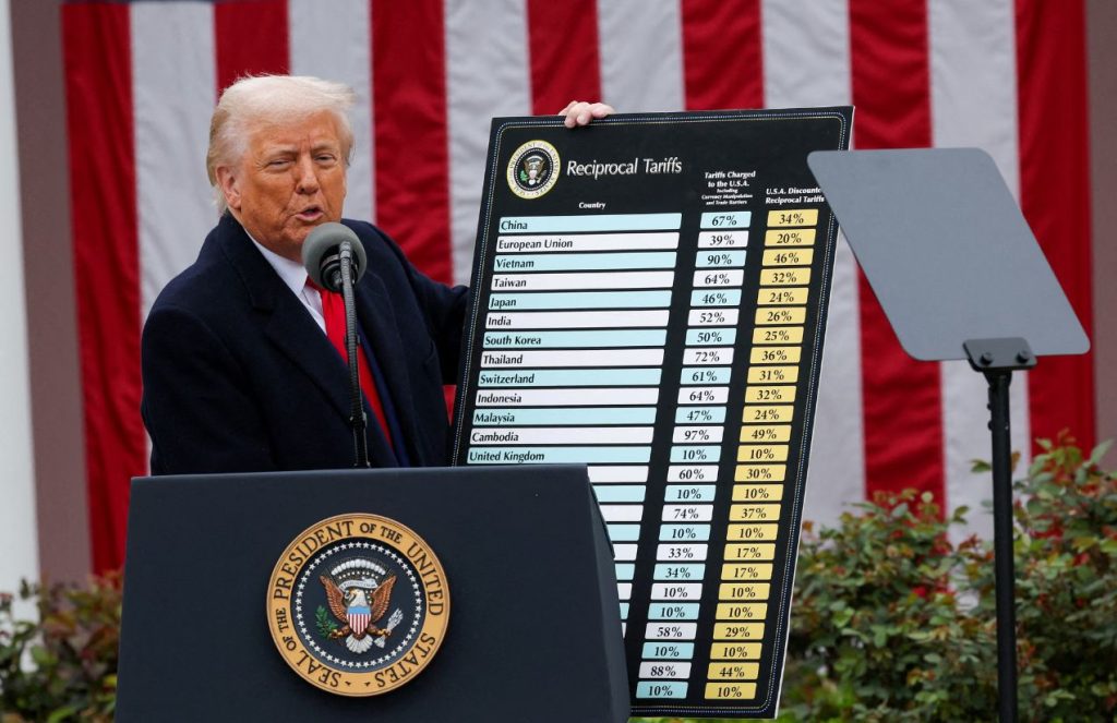 The President of the United States holding a huge tariff board in front of the entire audience