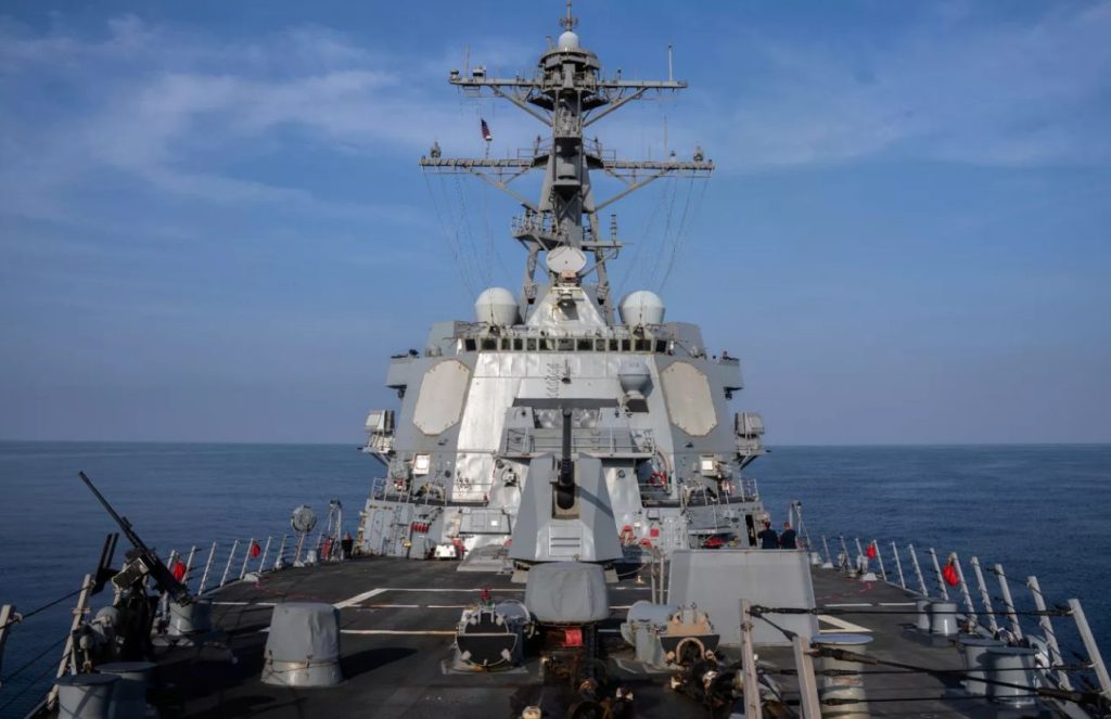 A state-of-the-art and heavily armed warship approaching the Venezuelan coast head-on