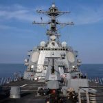 A state-of-the-art and heavily armed warship approaching the Venezuelan coast head-on