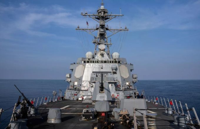 A state-of-the-art and heavily armed warship approaching the Venezuelan coast head-on