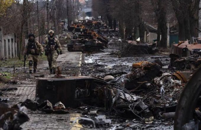 Devastation and destruction following the fires and explosions caused by the war between both nations