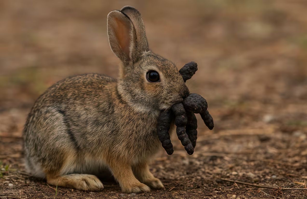 A brown rabbit with several tentacle-like growths hanging from its mouth
