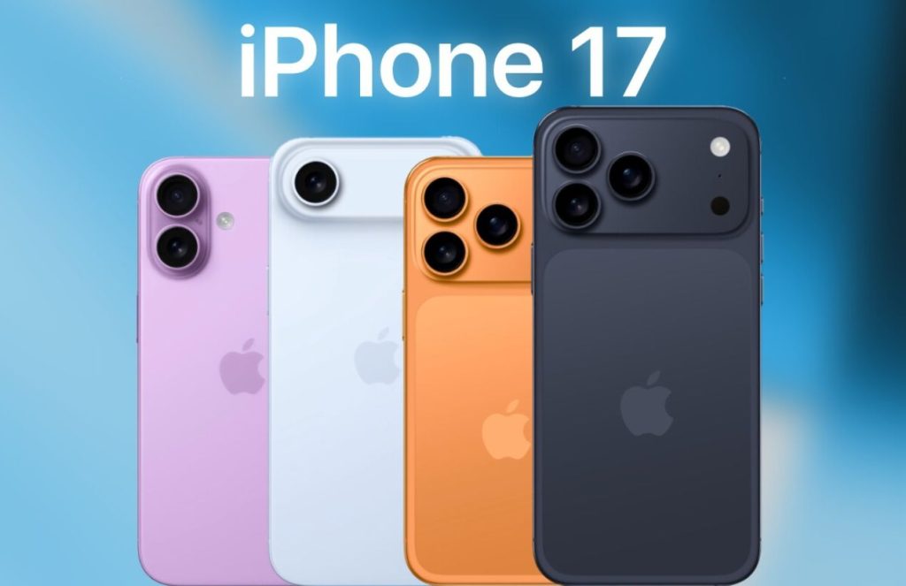 The different new iPhones in pink, white, orange, and black