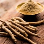 Some branches of Ashwagandha on a table next to a bowl containing the same product in powdered form