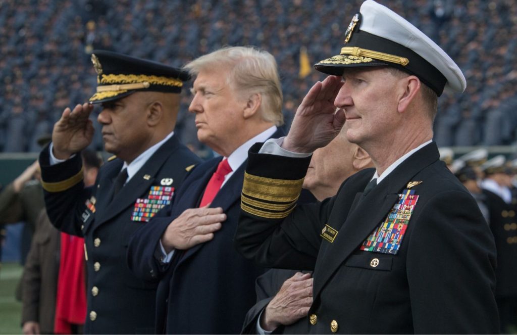 Donald Trump standing while paying respect to the United States flag
