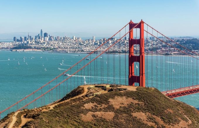 A panoramic view of the Golden Gate Bridge and San Francisco