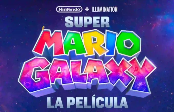 The words “Super Mario Bros Movie” with a universe background and vibrant, eye-catching colors