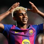 The young and talented Spanish player celebrating one of his goals while wearing the Barcelona jersey