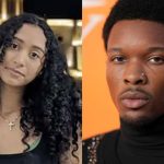 Celeste Rivas wearing a black blouse posing for the camera, next to the famous singer posing on a red carpet in a large black suit