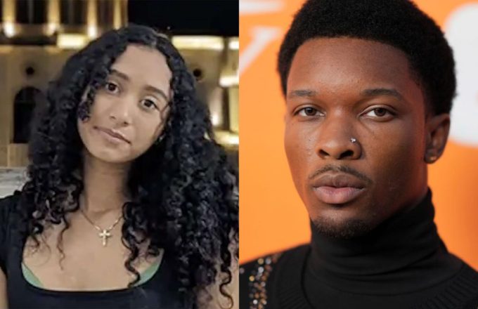 Celeste Rivas wearing a black blouse posing for the camera, next to the famous singer posing on a red carpet in a large black suit
