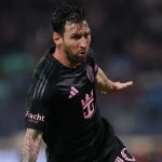 Messi celebrating one of his goals yesterday while wearing Inter Miami’s striking black uniform