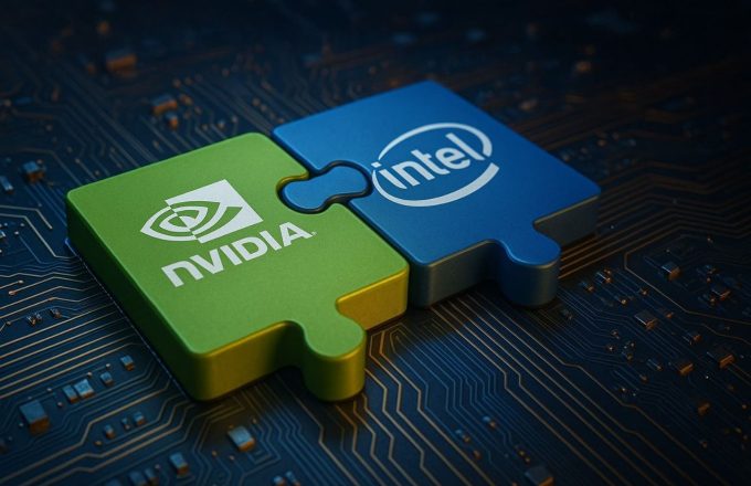 Two puzzle pieces, one green and one blue, one labeled Nvidia and the other Intel, both joined together