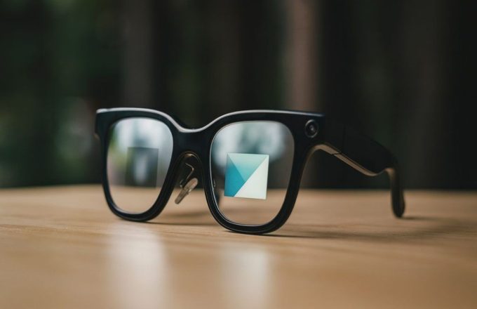 The sleek black smart glasses on a wooden table