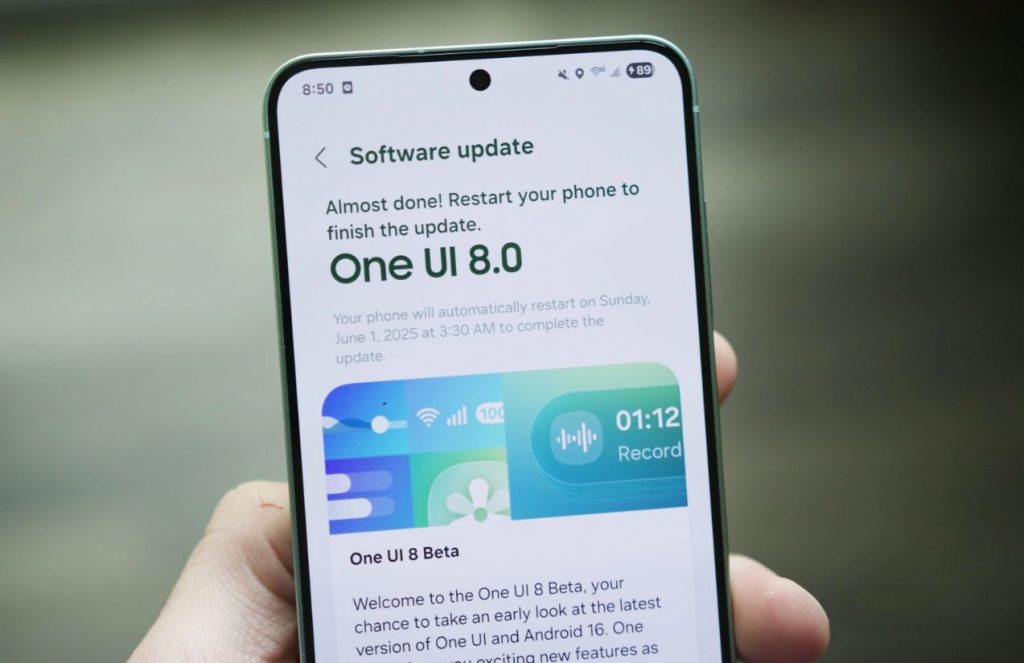 A Samsung phone displaying the new update available on its screen
