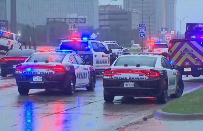 Several police cars blocking the streets and cordoning off the area after the shooting
