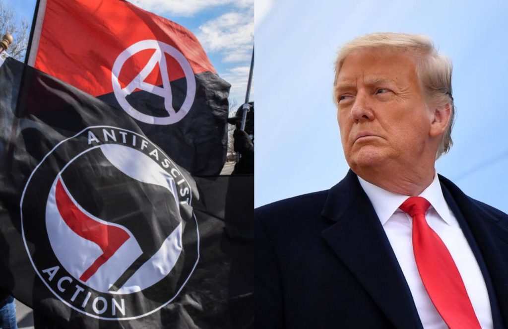 Donald Trump glaring at Antifa flags and people marching through the streets