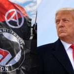 Donald Trump glaring at Antifa flags and people marching through the streets