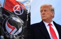 Donald Trump glaring at Antifa flags and people marching through the streets